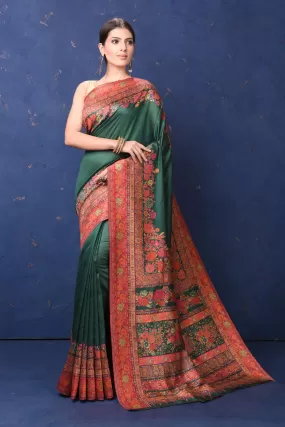 90L946-RO Green Tussar Muga Silk Saree with Kani Border