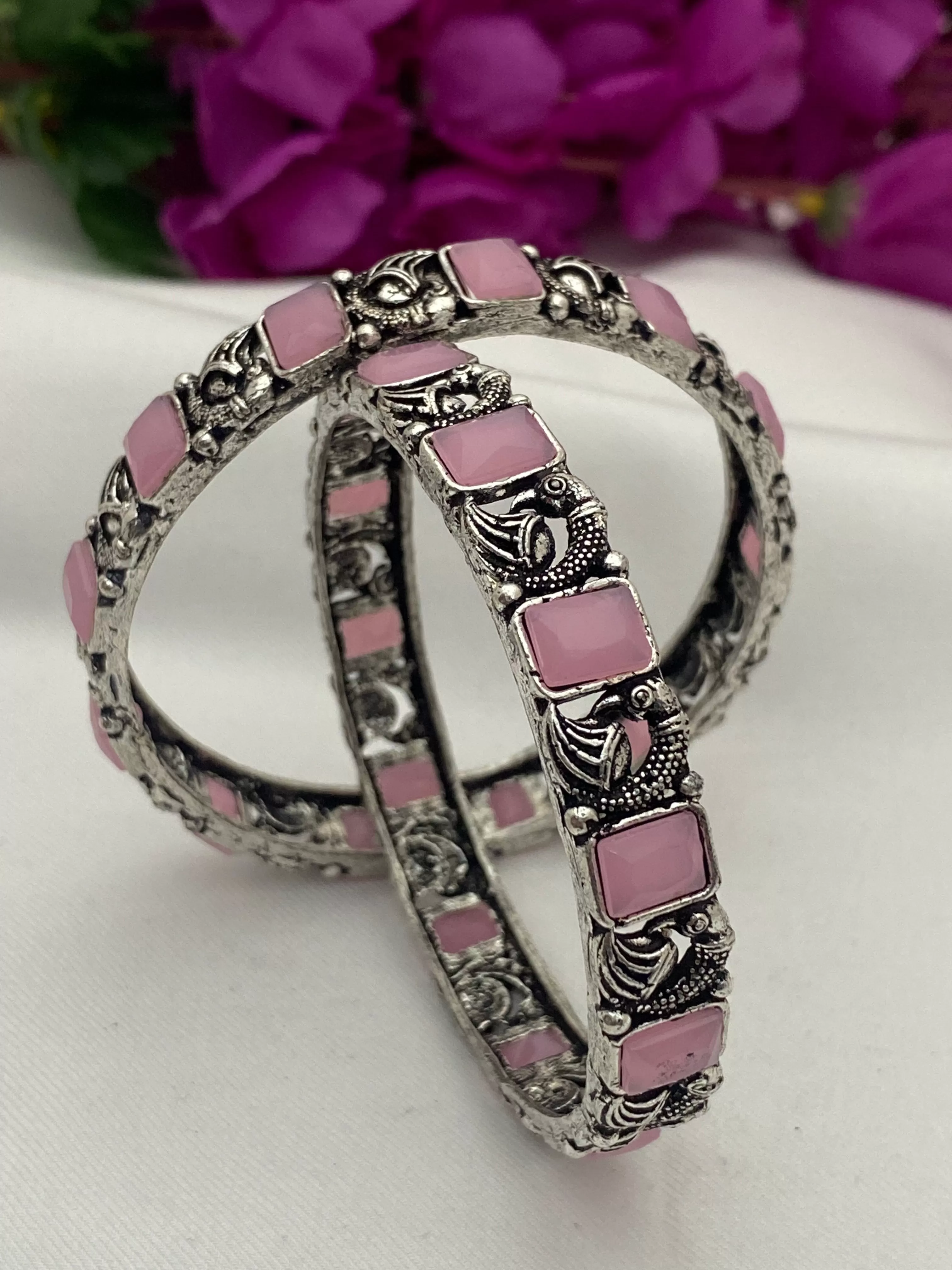 Beautiful Pink Color Oxidized Peacock Designed Bangles