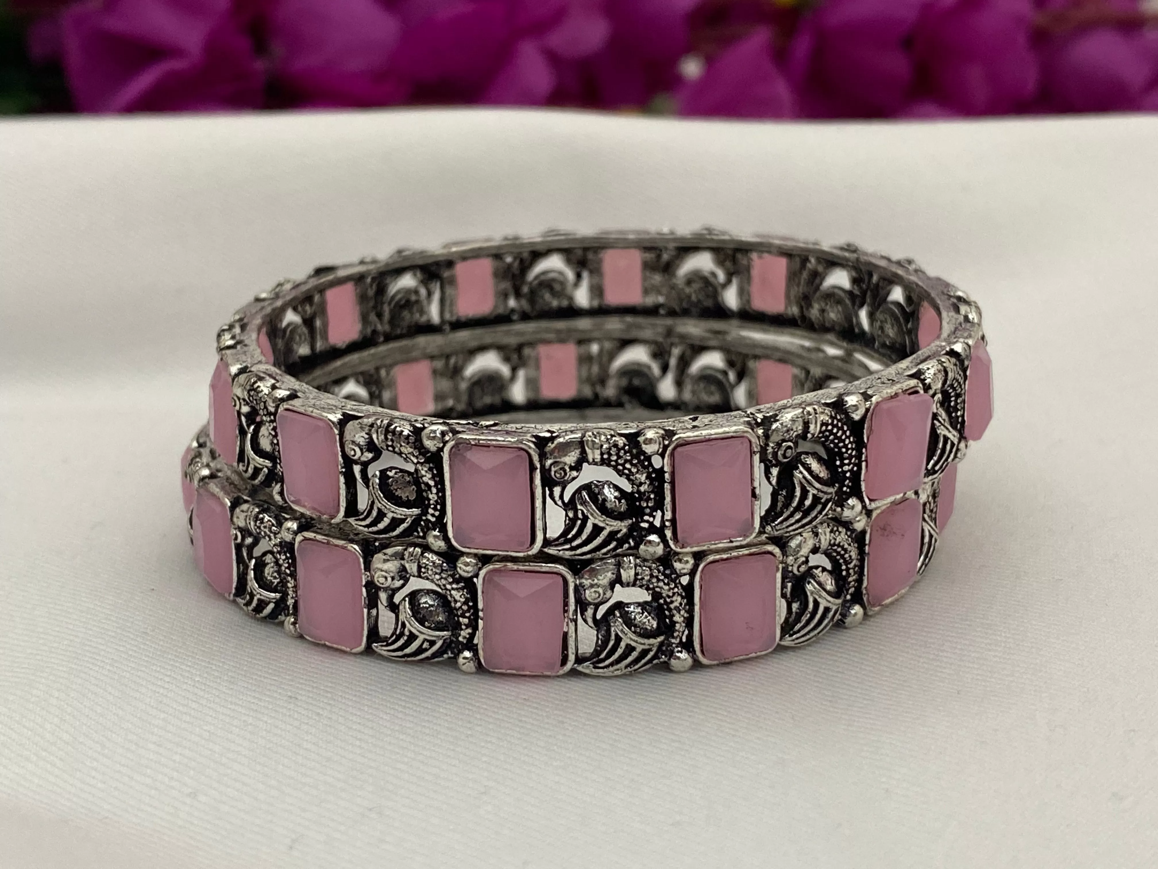 Beautiful Pink Color Oxidized Peacock Designed Bangles