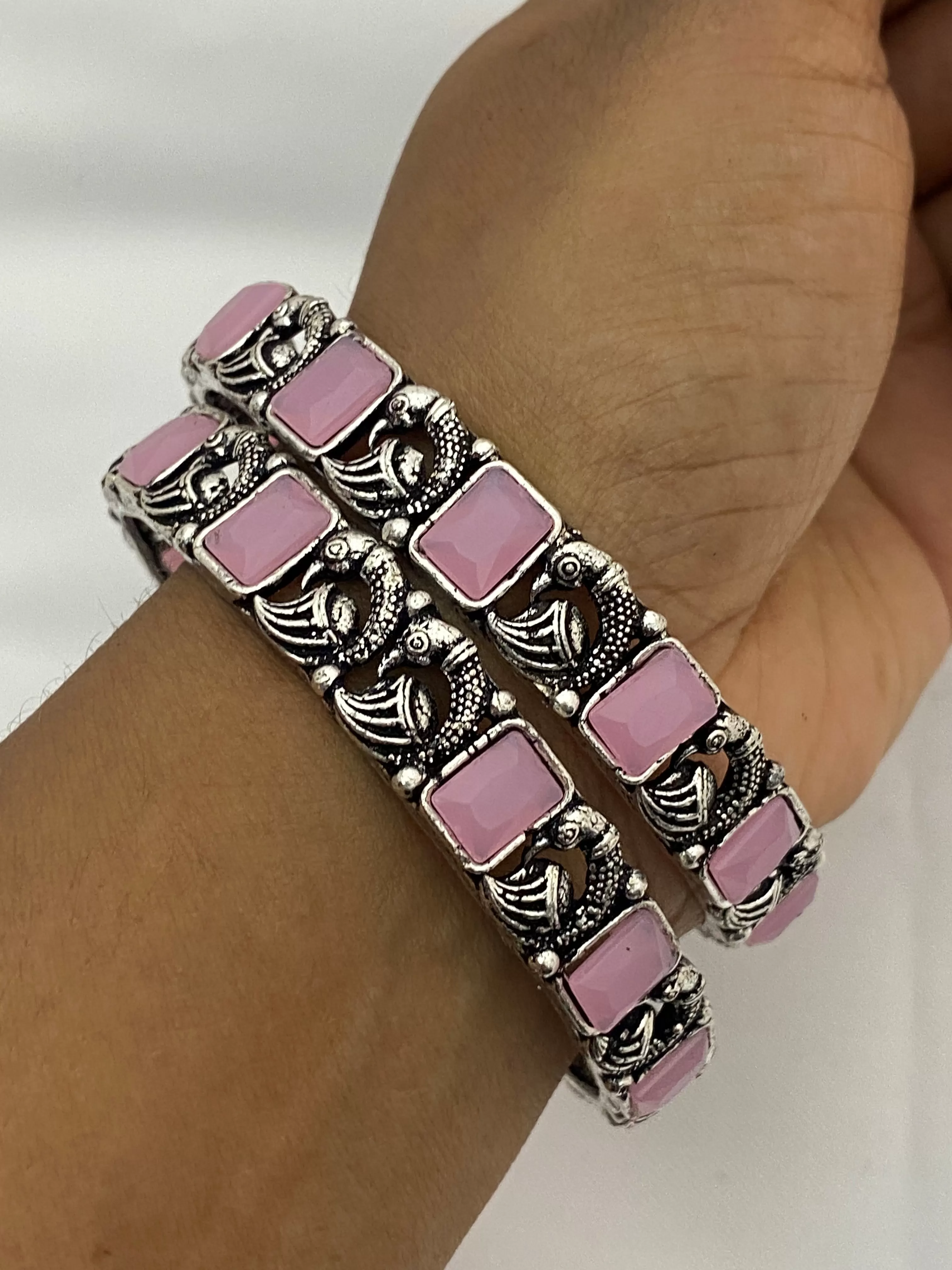 Beautiful Pink Color Oxidized Peacock Designed Bangles