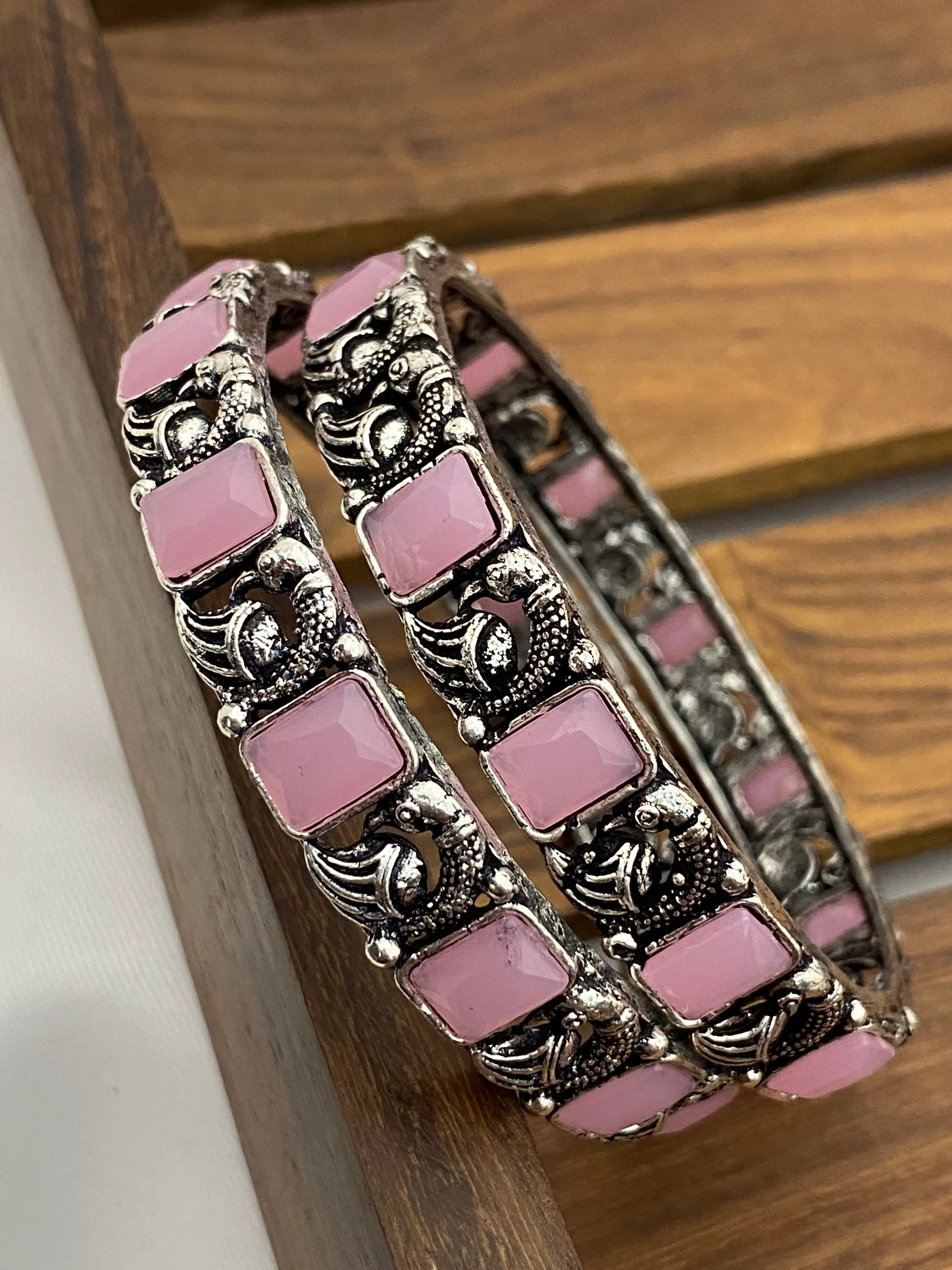 Beautiful Pink Color Oxidized Peacock Designed Bangles