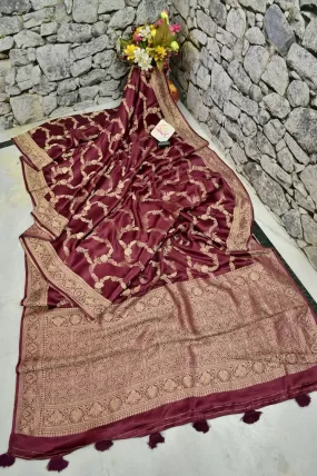 Dark Wine Color Satin Banarasi Silk Saree