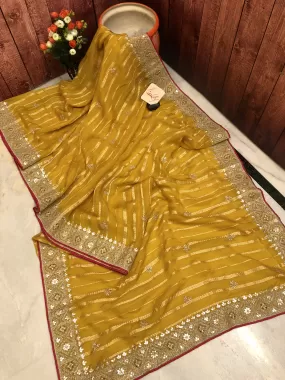 Dark Yellow Color Organza Saree with Gotappati & Zardozi Work