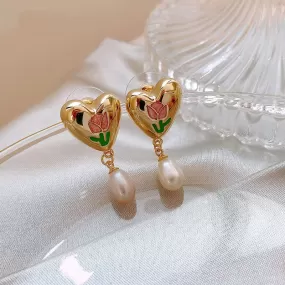 French Tulip Love-Heart Pearl Earrings MK18959