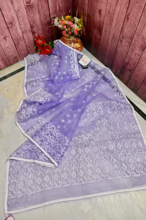 Light Lavender Color Muslin Jamdani Saree with Zari and Lace Work