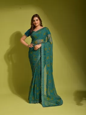 Odette Women Blue Chiffon Designer Saree With Unstitched Blouse