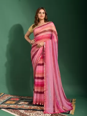 Odette Women Pink Chiffon Designer Saree With Unstitched Blouse