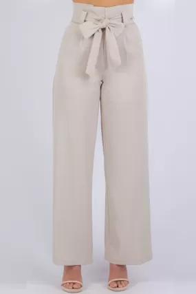 Paper Bag Waist Wide Leg Beige Pant