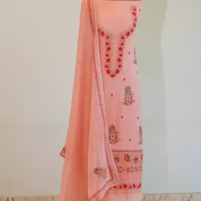 Peach Pink Kashmiri Jaal Hand-Embroidered Ethnic Suit