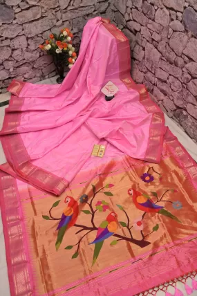 Pink Color Pure Yeola Paithani Saree with Munia Design and Allover Buti Work