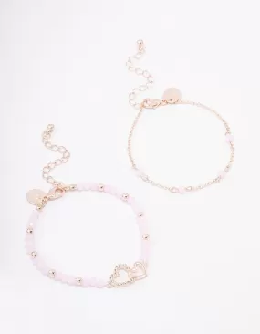 Rose Gold Pink Beaded Heart Bracelet Pack