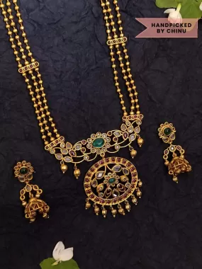 Rubans Finely Handcrafted Gold Plated Faux Ruby And Emerald Studded Temple Necklace Set