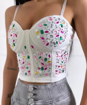 Top Donna Scollo Cuore Bretelle Pietre Multicolore Bustier Casual Elegante