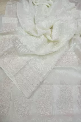 White Color Pure Chiffon Saree with Chikankari and Silver Butta Work