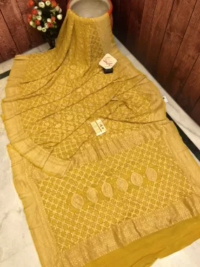 Yellow Color Khaddi Georgette Banarasi Saree with Neem Zari Work and Hand Bandhani